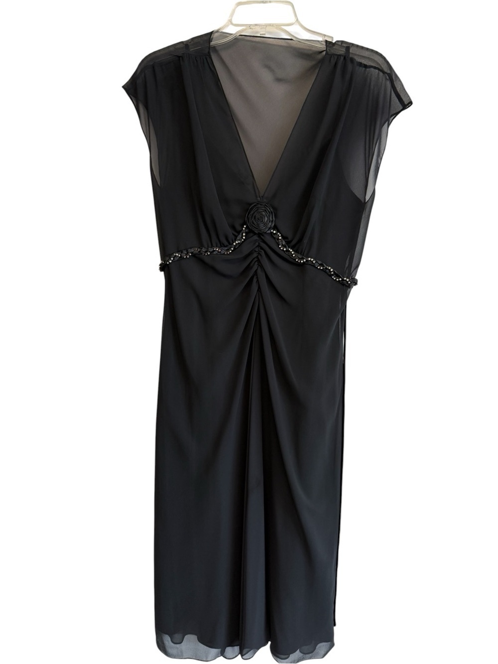 Liz Claiborne Black Chiffon Dress Size 12 Beaded Waist Rosette V Neck Midi